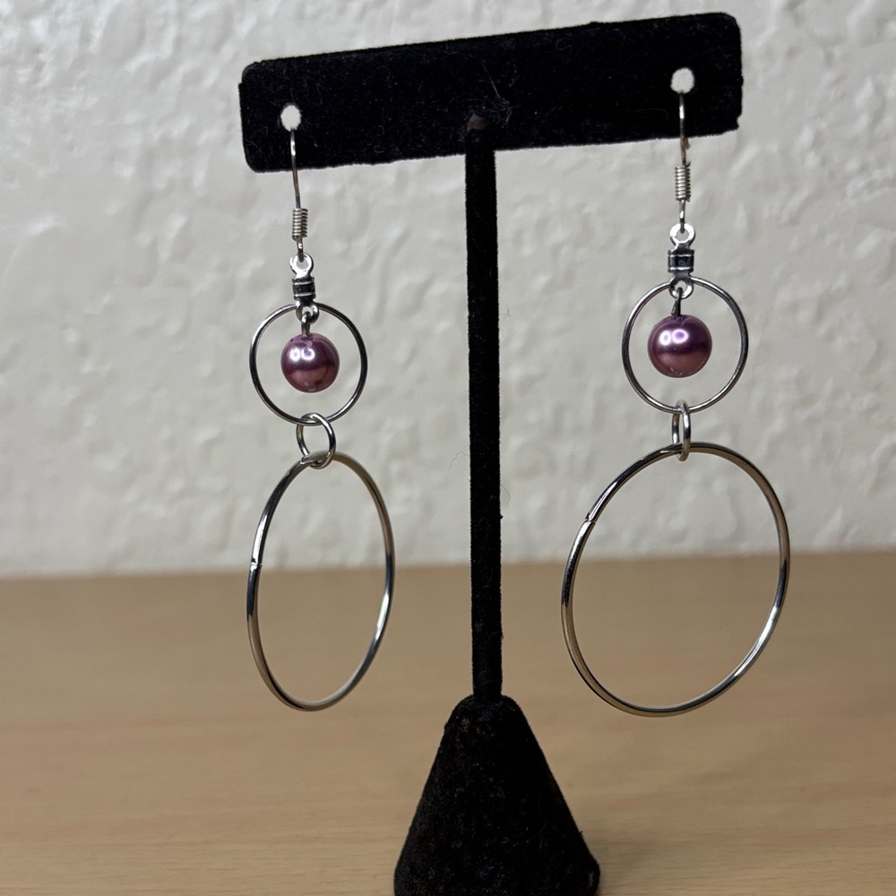 Silver Hoop Drop Earrings with Purple Pearl Accent - Women Jewelry